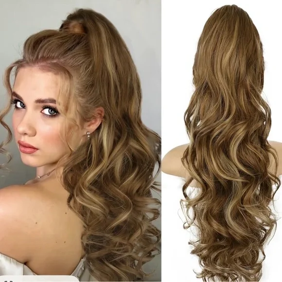 NWT 24” Long Curly Wavy Light Brown w/Blonde Highlights Ponytail Extension Clip - Picture 3 of 4